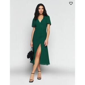 NWT Reformation Breanna Gathered Waist V Neck Flowy Dress in Emerald Green Sz 0